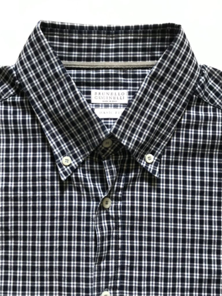 Brunello Cucinelli Check Plaid Button Down Shirt Mens Large Navy Blue Basic Fit